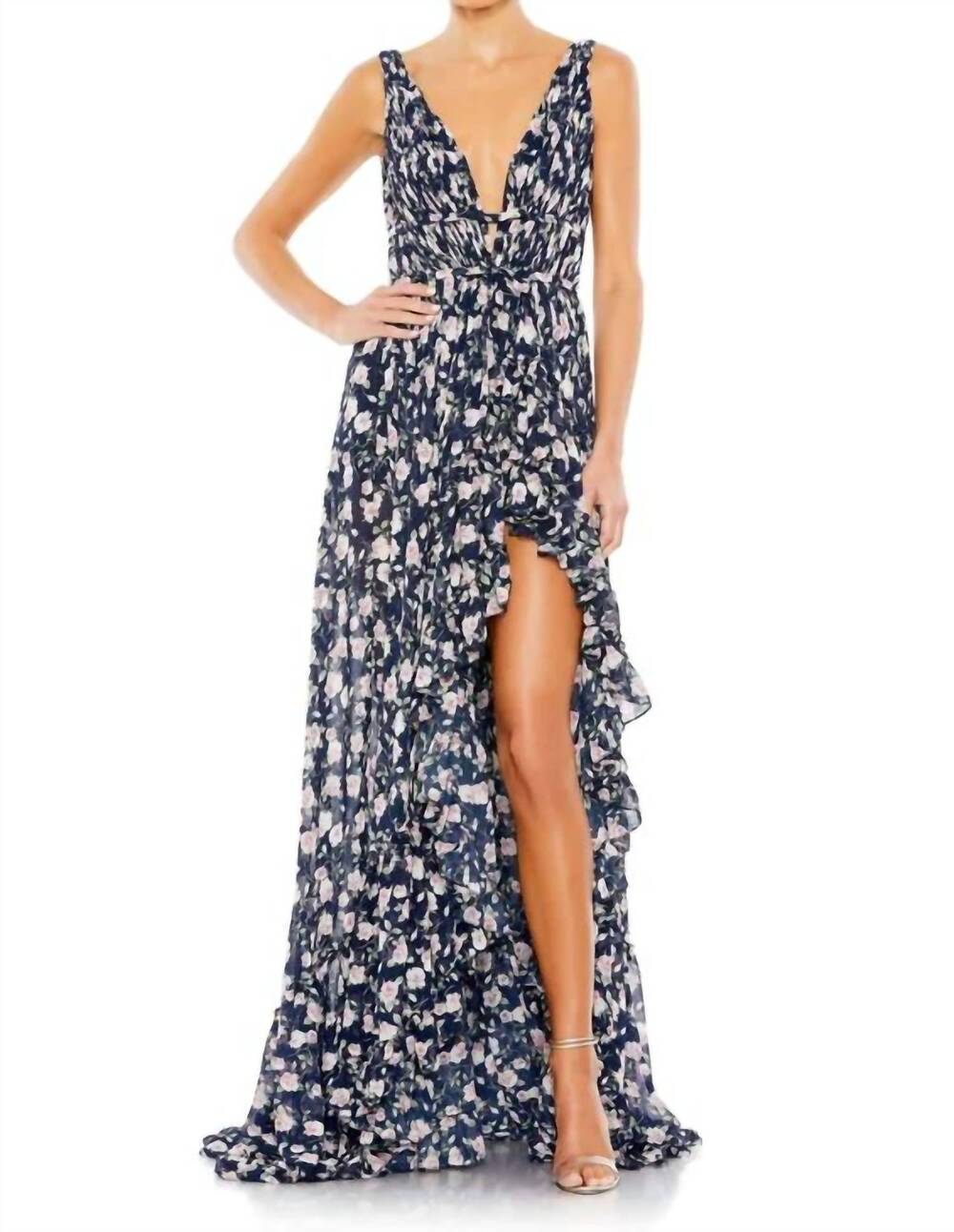 NEW MAC DUGGAL floral print sleeveless ruffled high low gown in navy multi